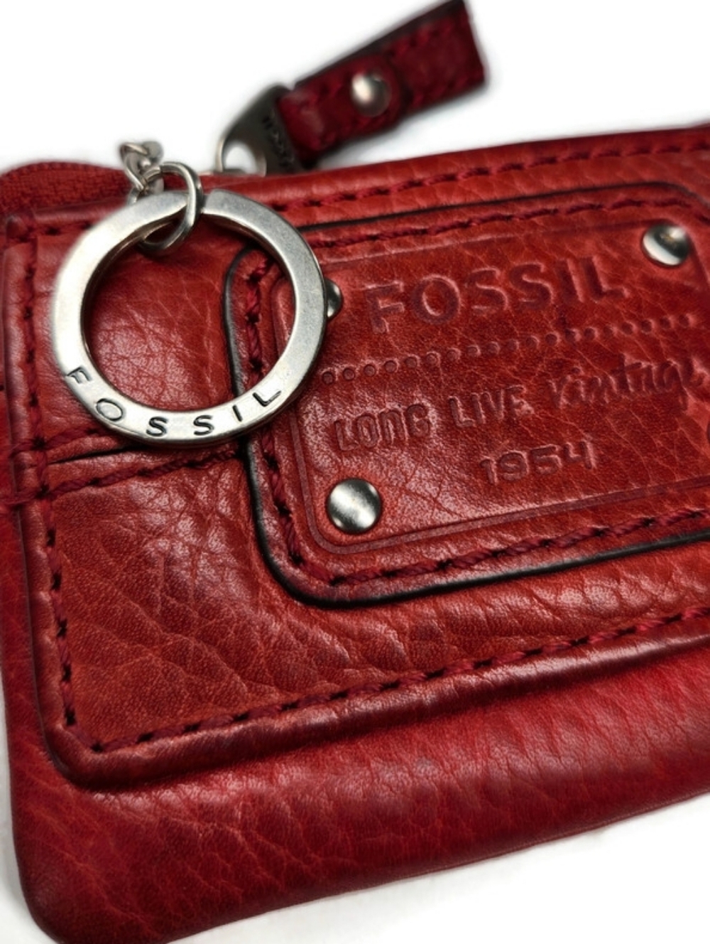 Fossil Emory Red Leather Zip Top Flap Snap Coin, Card & Key Chain Change Purse - Picture 7 of 11